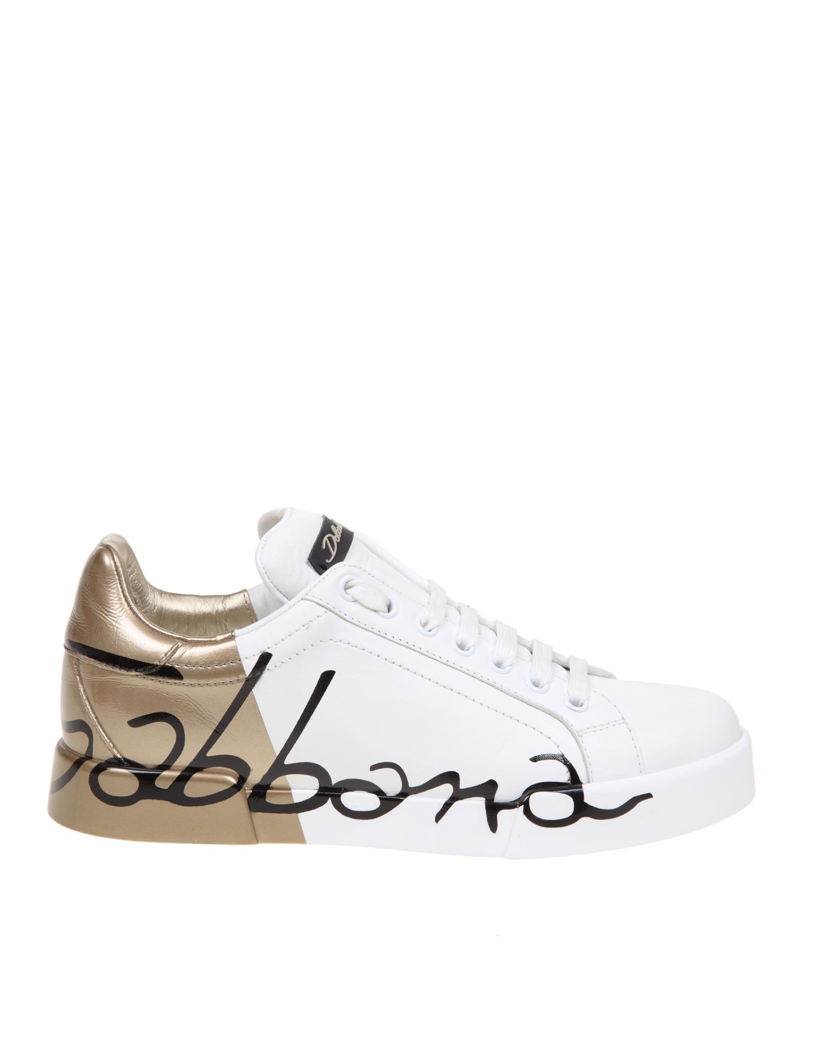 Dolce & Gabbana Portofino Sneakers In White And Gold Leather