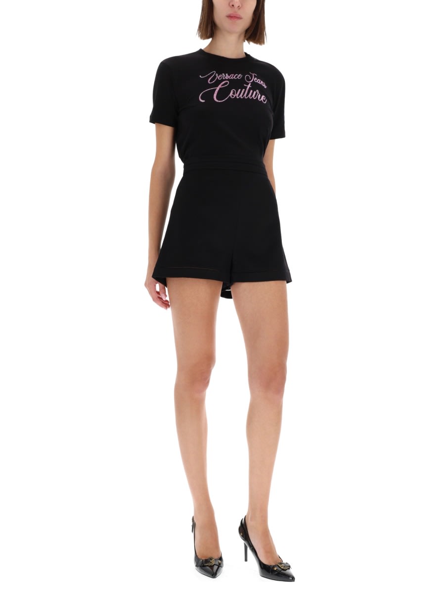 Versace Jeans Couture T-shirt With Logo And Rhinestones In Black