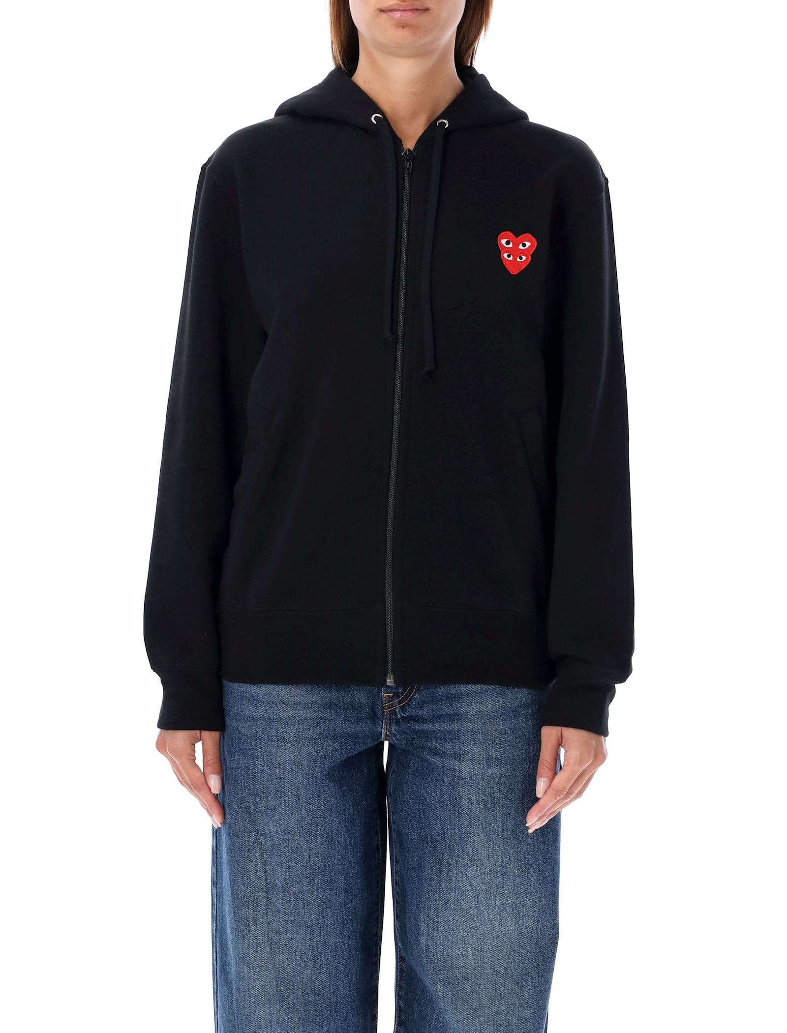 Shop Comme Des Garçons Play Zipped Hoodie With Double Heart Patch In Black