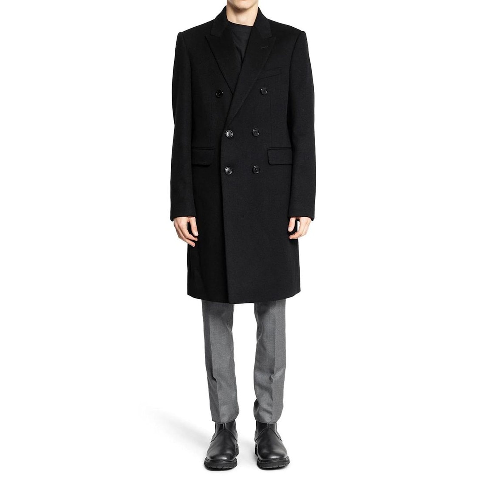 Celine Double-breasted Wool Coat With Padded Shoulders And Tailored Fit In Black