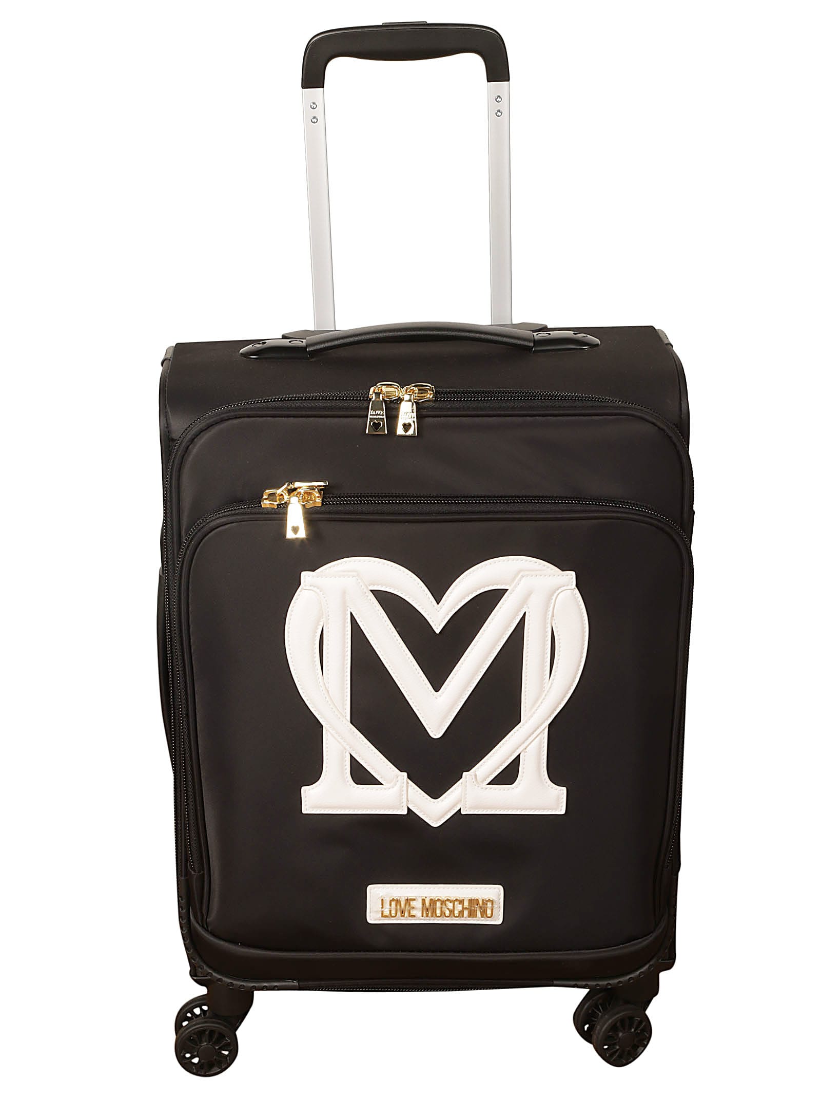 Shop Love Moschino Heart Patched Two-way Zipped Trolley Luggage In Black/white