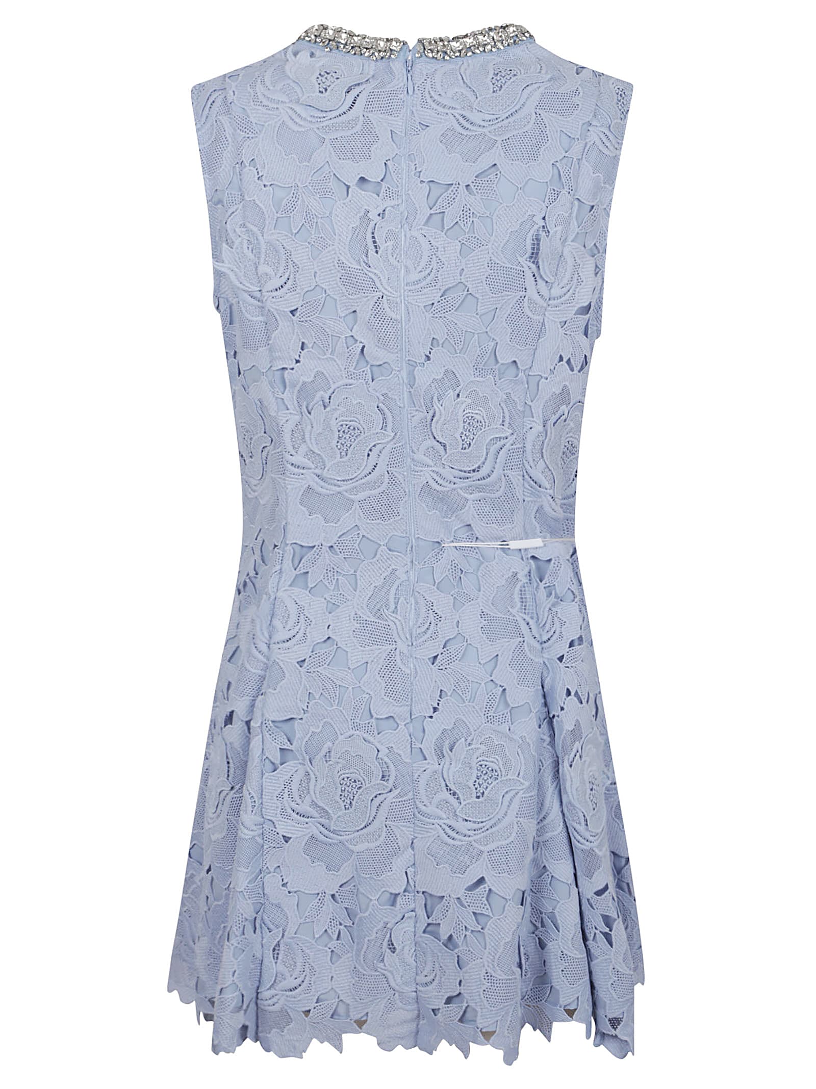 Self-portrait Bue Crewneck Mini Dress With Rhinestoned Collar And All-over Floral Lace Embroidery In Tech Fabric W In Blue