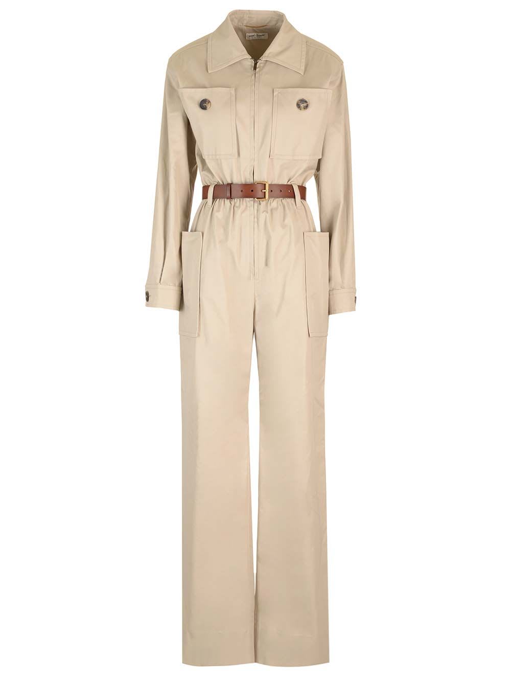 Saint Laurent Cotton Twill Belted Tracksuit In Nude & Neutrals