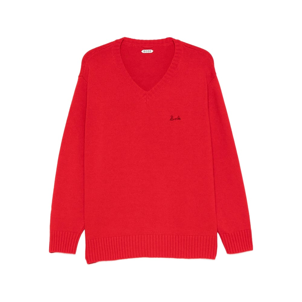 Bode V-neck Logo-embroidered Sweater In Red