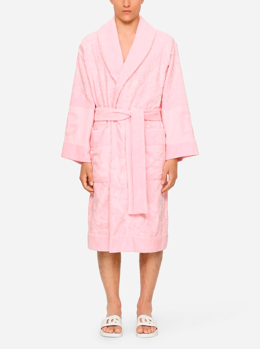 Dolce & Gabbana Pink Bathrobe With Front Belt Closure And Two Front Maxi Patch Pockets In Cotton Home In Multi