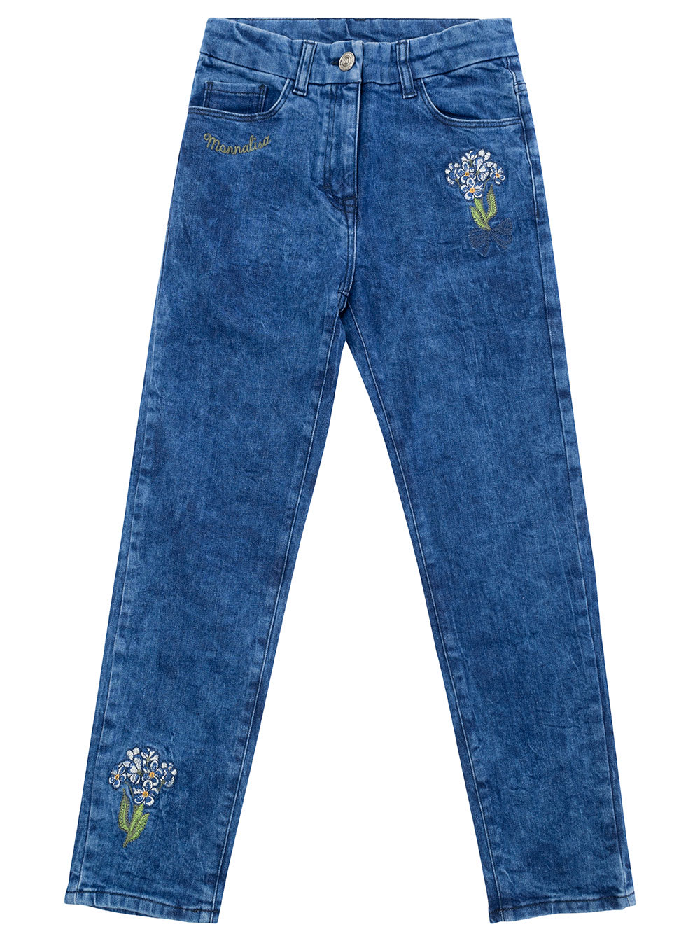 MONNALISA BLUE HIGH-WAISTED JEANS WITH EMBROIDERED FLOWERS IN STRETCH COTTON DENIM GIRL
