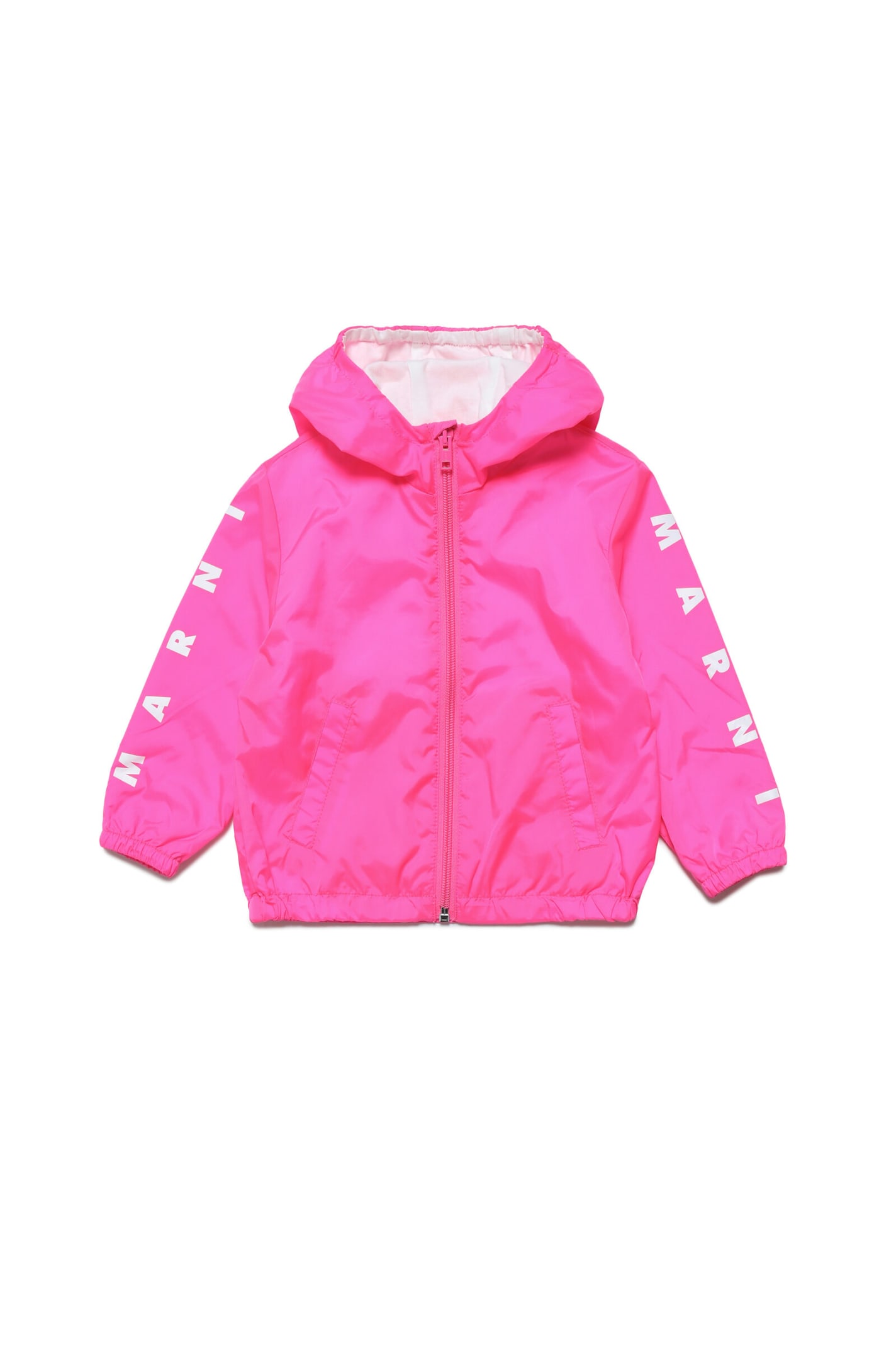 MARNI MJ31B JACKET MARNI FLUO PINK WATERPROOF LINED JACKET WITH HOOD, ZIP AND LOGO ON THE SLEEVES