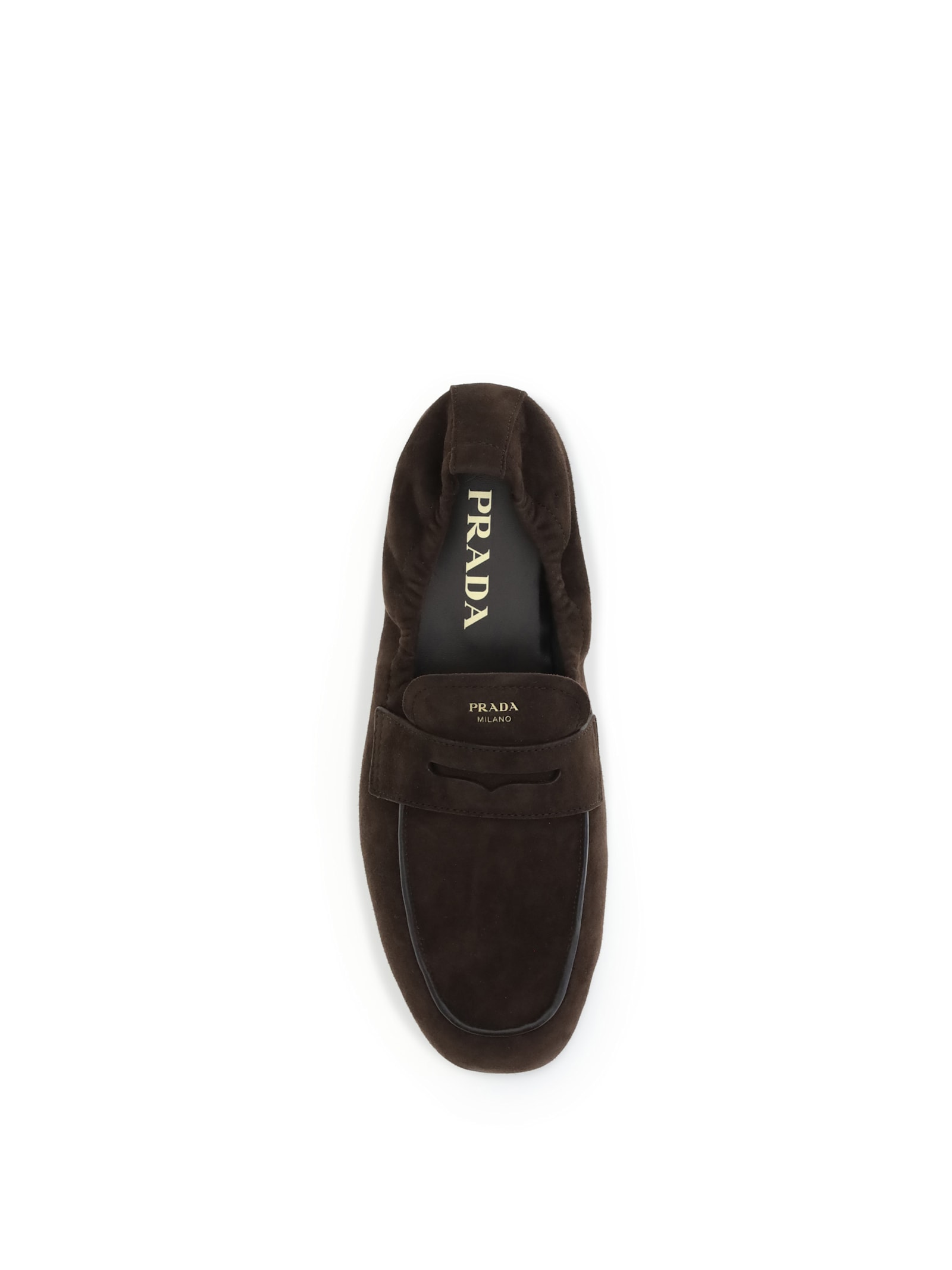 Prada Elasticated Suede Penny Loafers In Brown