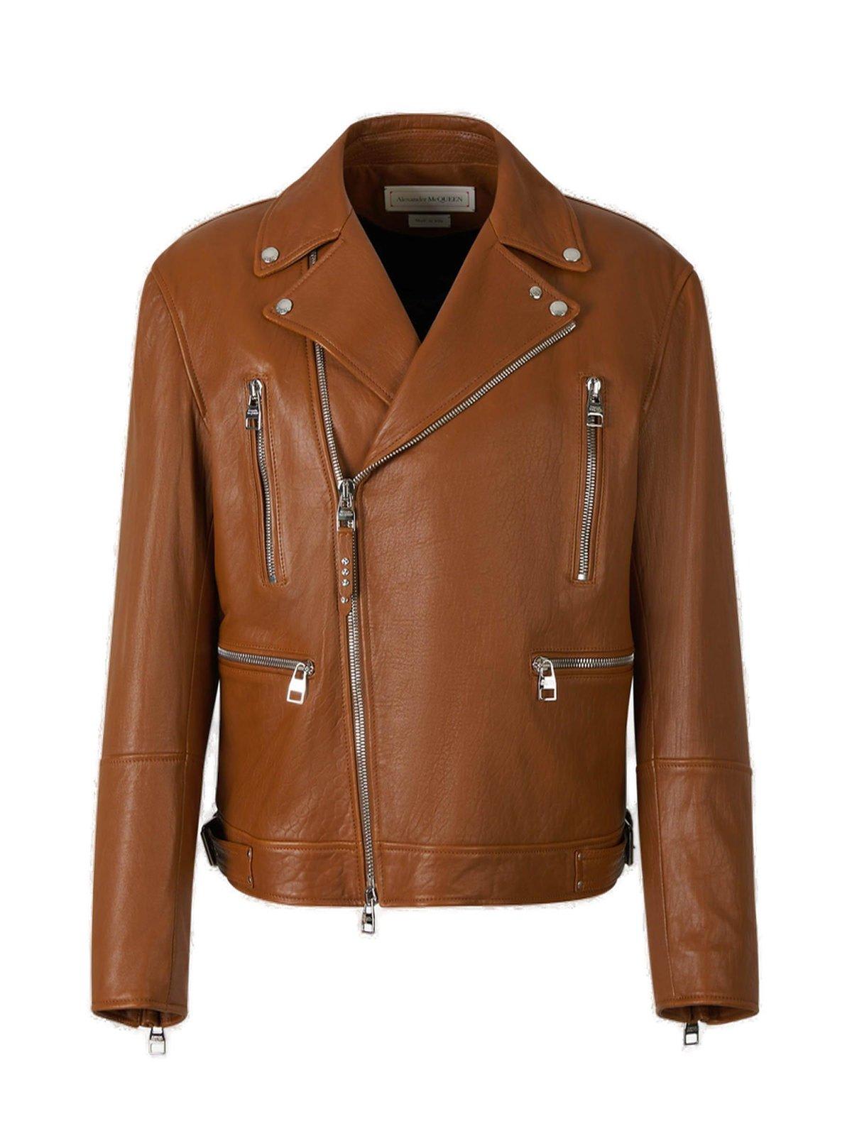 Shop Alexander Mcqueen Zip-up Leather Biker Jacket In Brown