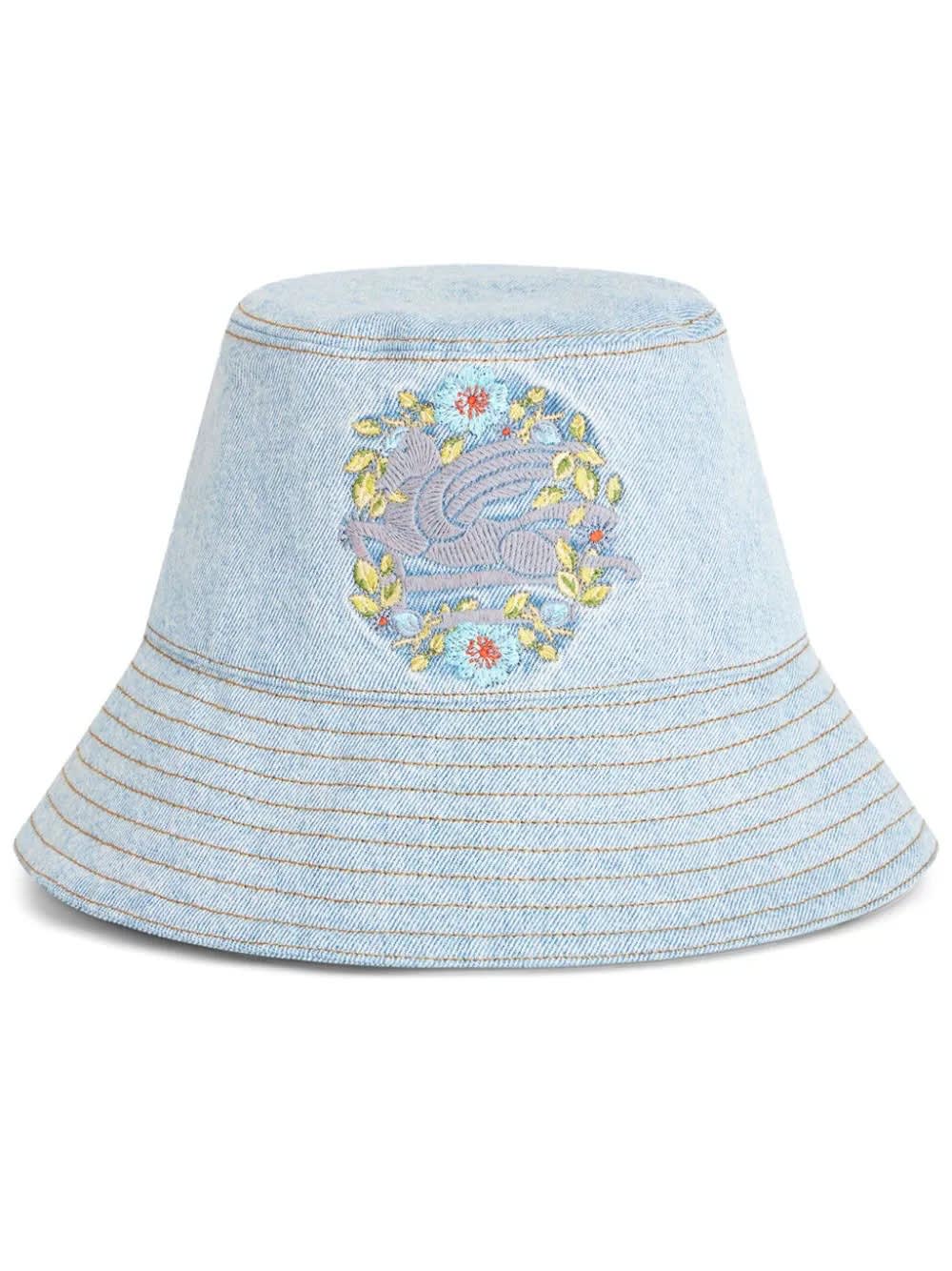 Shop Etro Denim Bucket Hat With Embroidery In Blue