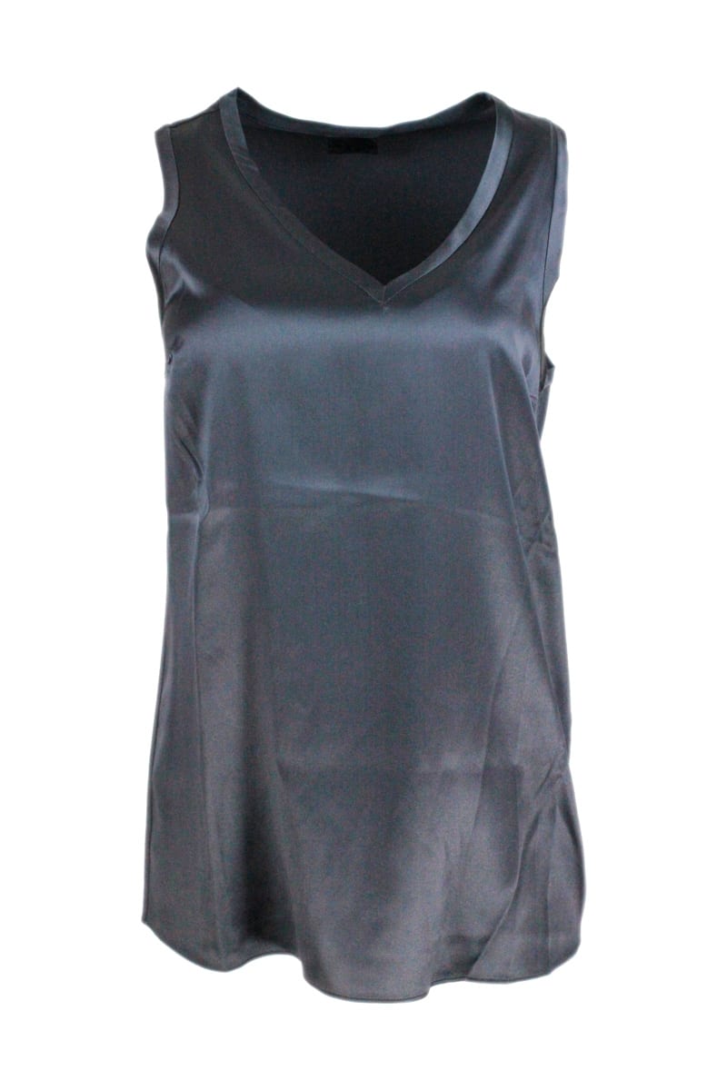 Shop Brunello Cucinelli Sleeveless V-neck Silk Top In Grey