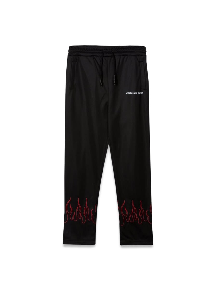 Vision Of Super Black Pants With Red Embroidered Flames In Black
