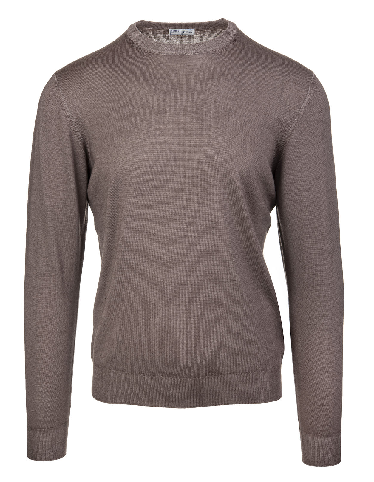 Fedeli Man Round Neck Pullover In Brown Worsted Wool