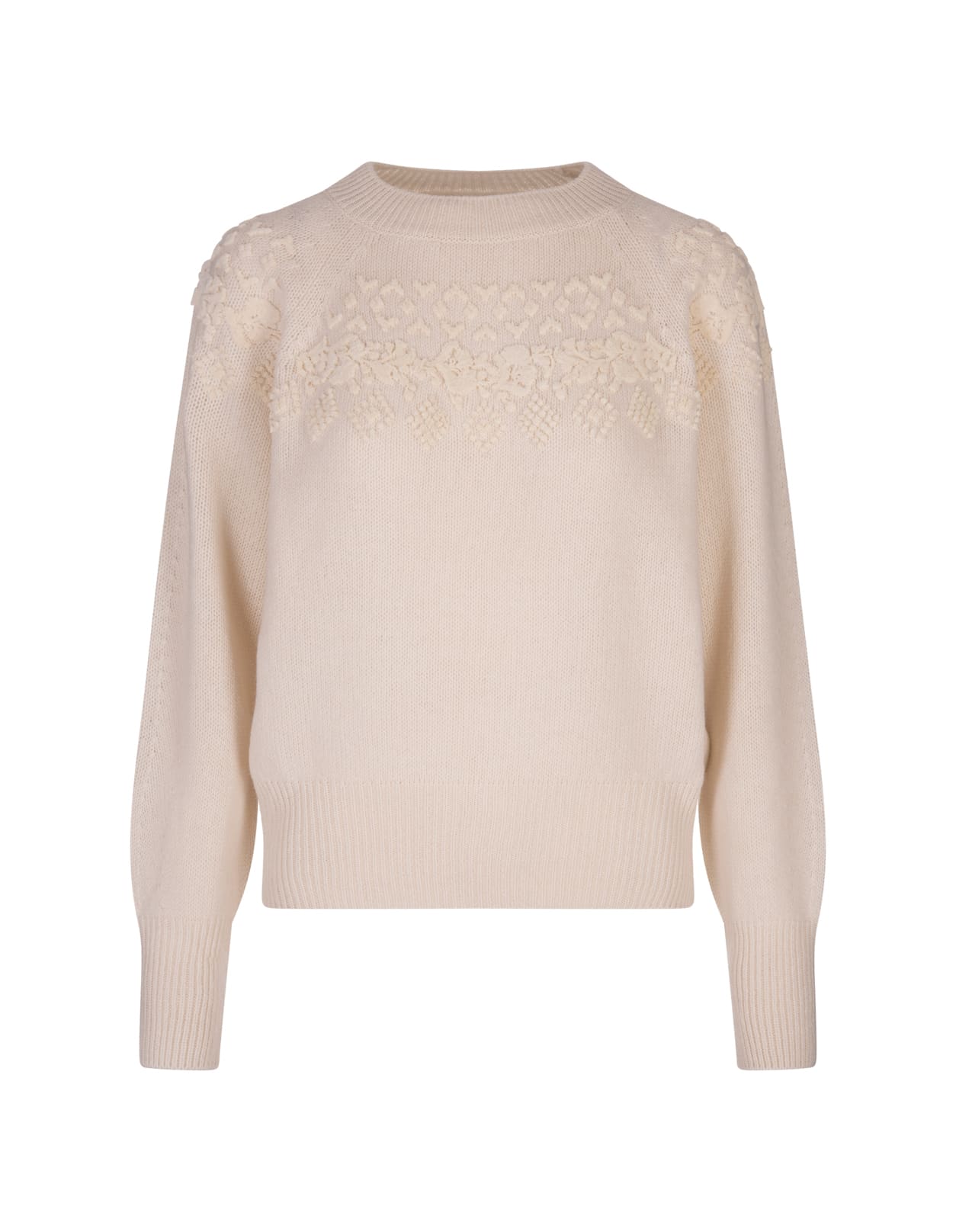 White Sweater With Ethnic Embroidery In Tone