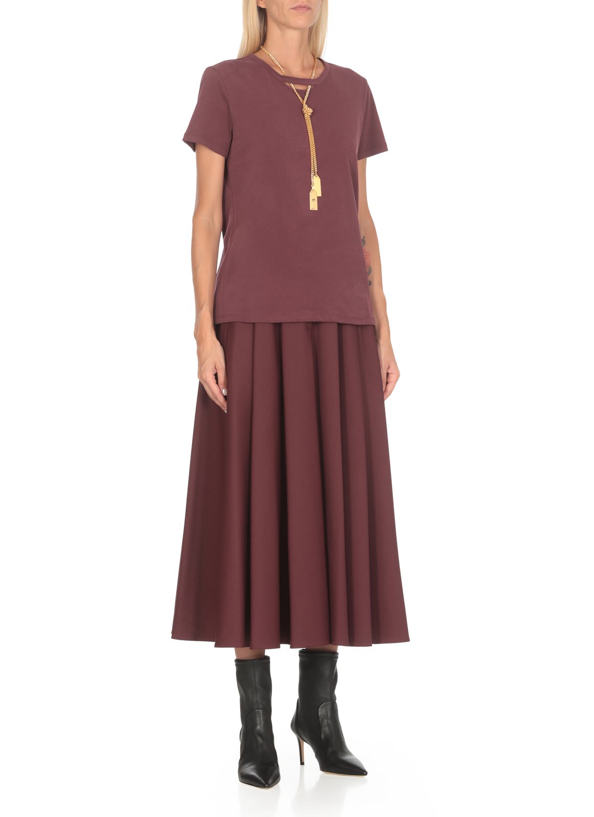 Shop Elisabetta Franchi Necklace Embellished Jersey T-shirt In Bordeaux