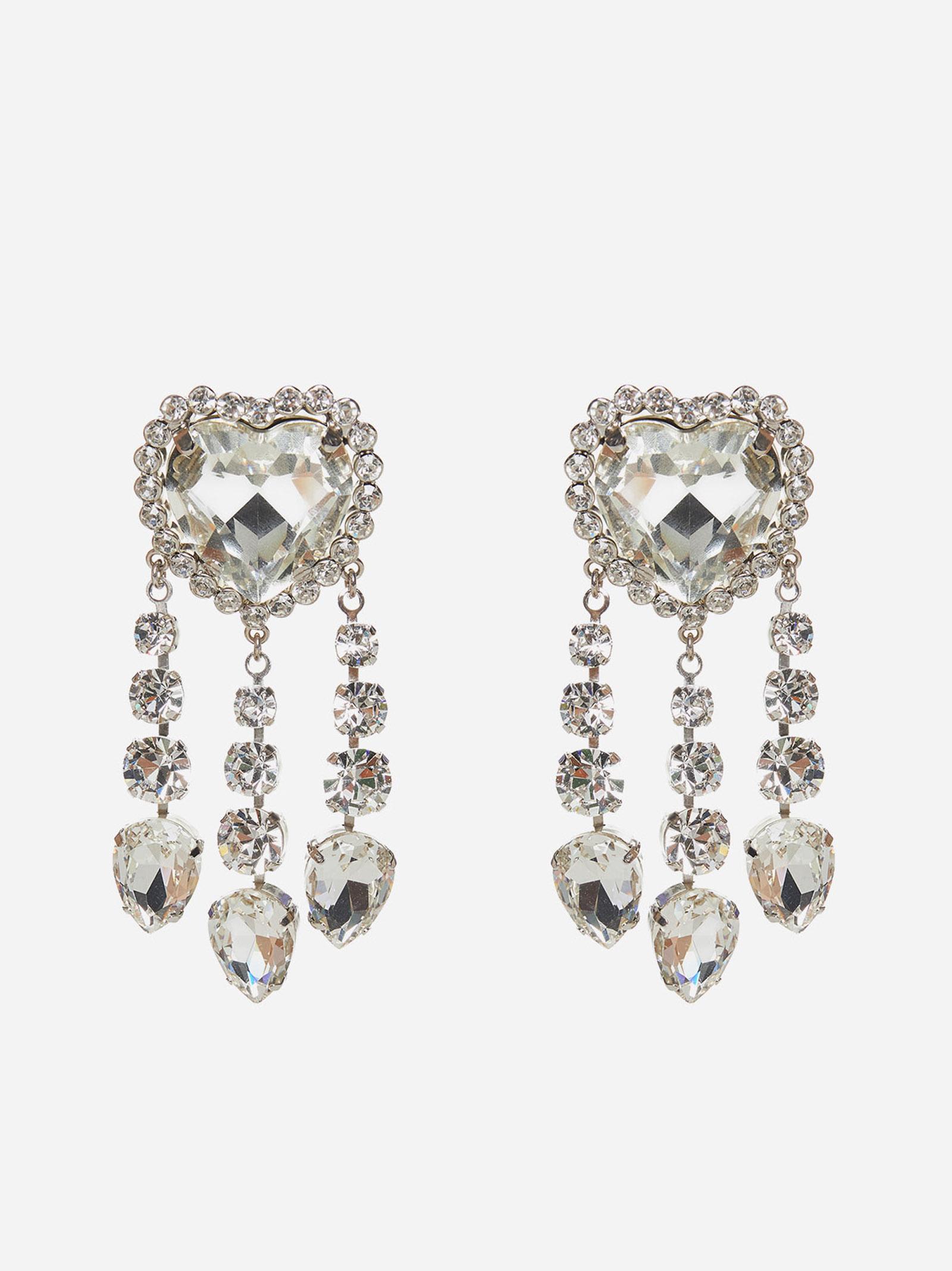 Shop Alessandra Rich Heart And Crystal Pendants Earrings In Silver