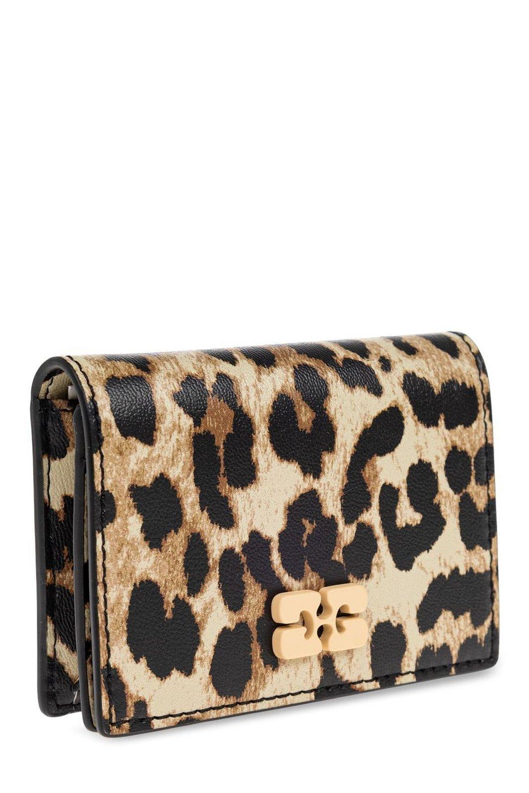 Ganni Brown Card Holder With Butterfly Logo And All-over Leopard Motif In Leather Blend Woman In Animal Print