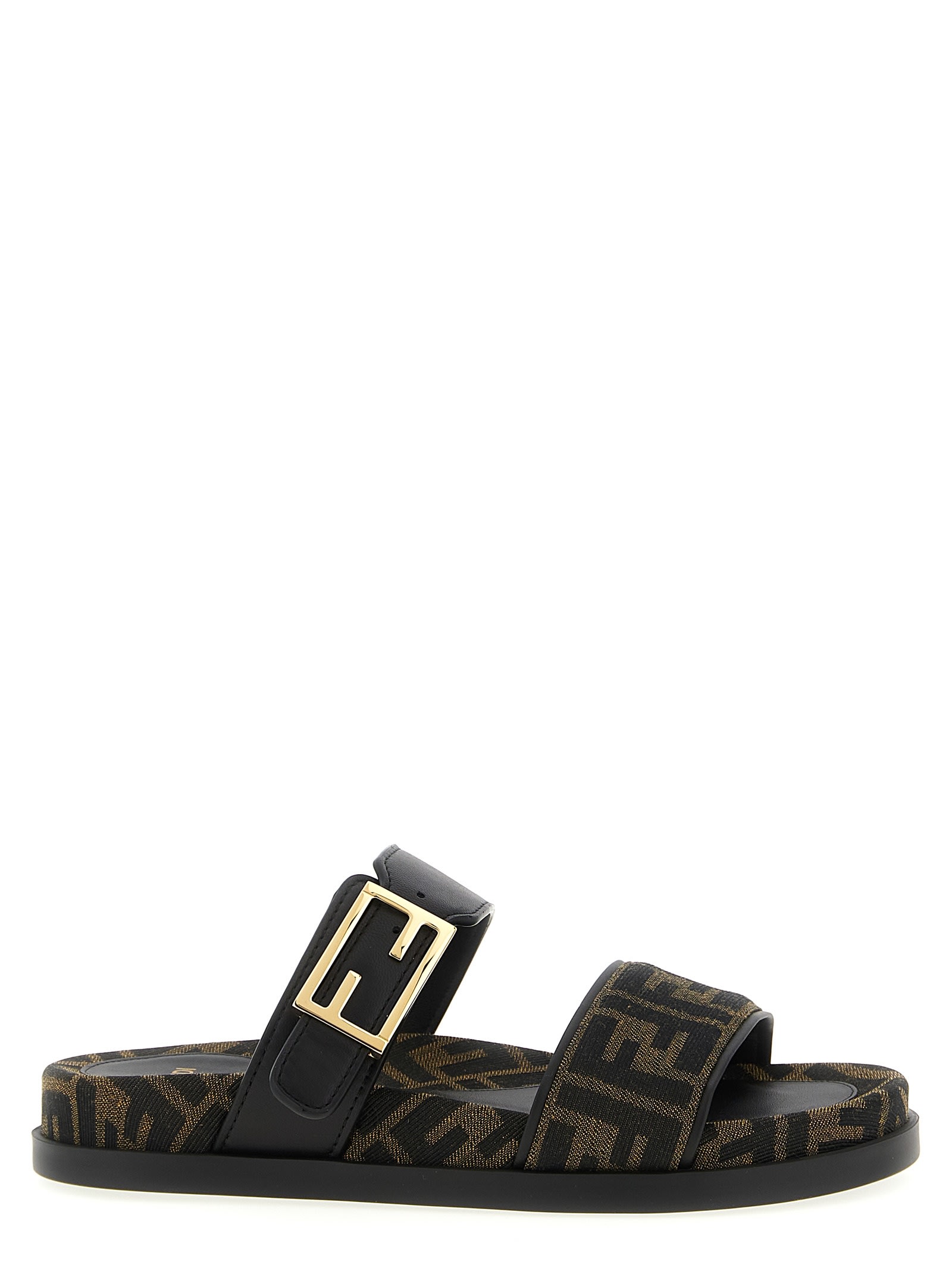 Fendi Leather Sandals With Double Strap And Buckle In Black