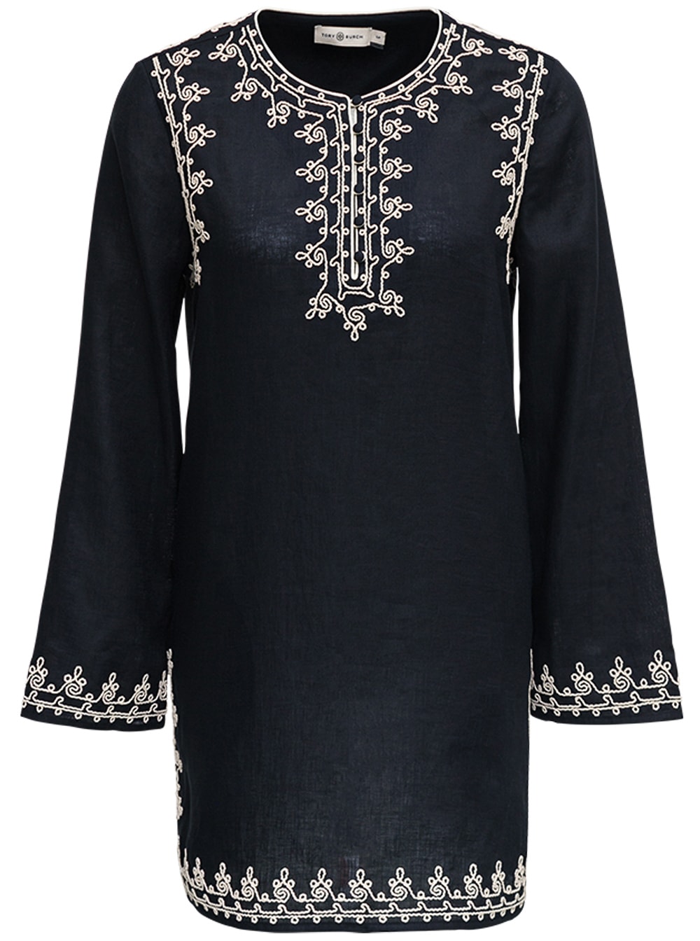 Tory Burch Embroidered Black Linen Kaftan Dress