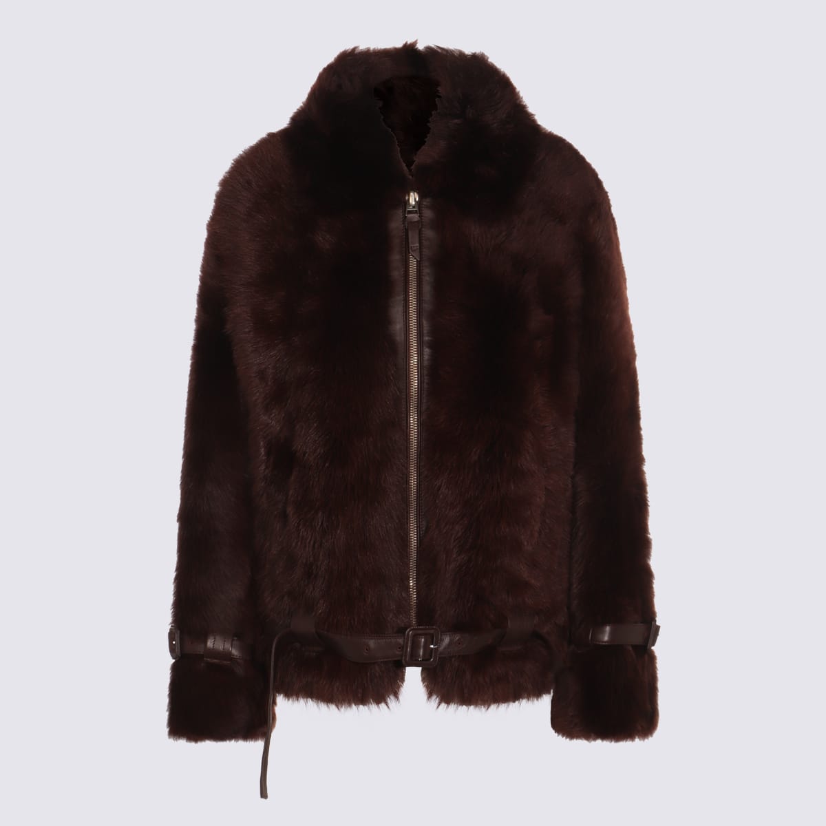 Tom Ford Leather Buckle Detail Jacket With Faux Fur In Brown
