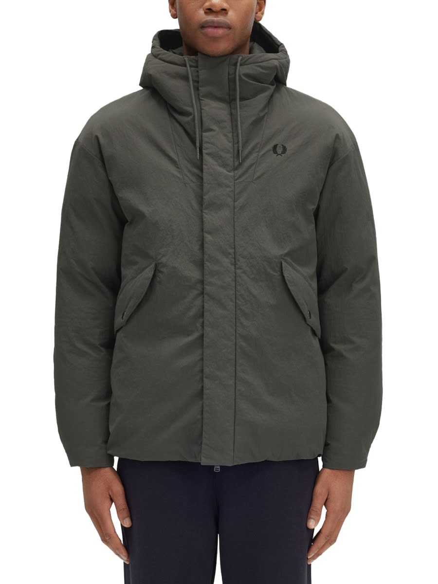 Fred Perry Padded Jacket With Hood And Drawstrings In Green