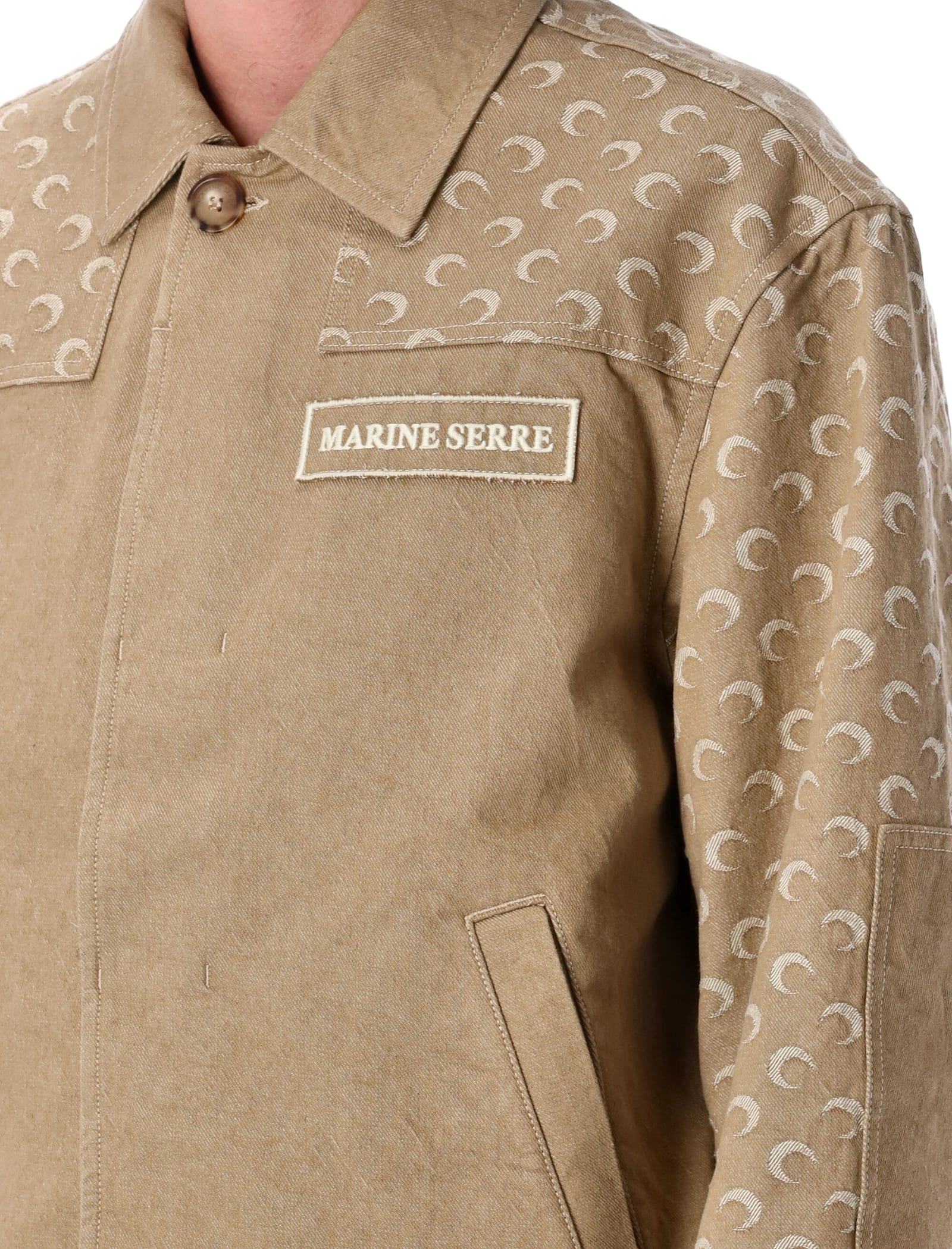 Shop Marine Serre Moon Jacquard Twill Workwear Jacket In Dark Beige