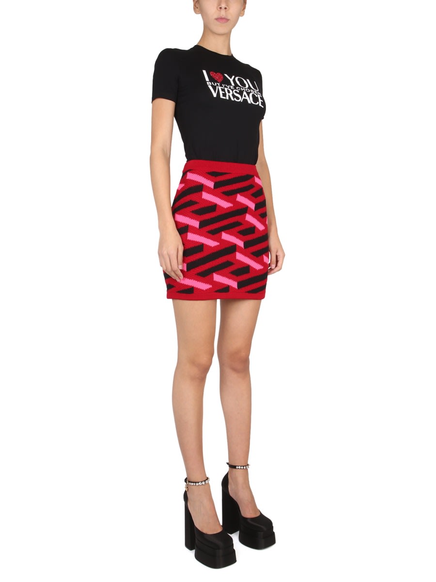 Shop Versace La Greca Knit Skirt In Multicolour
