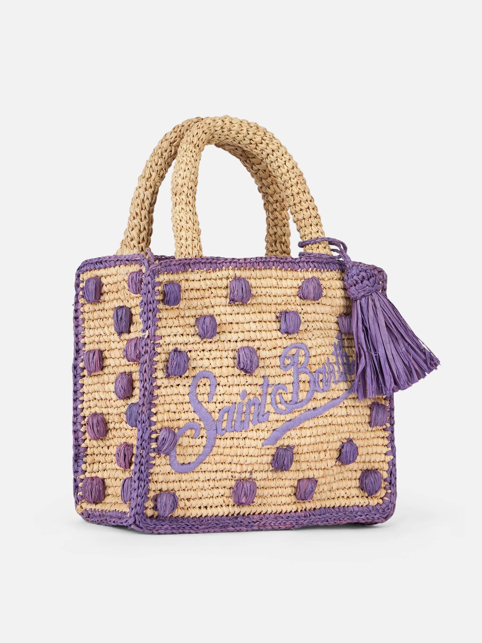 Shop Mc2 Saint Barth Beige Natural Mini Vanity Raffia Bag With Polka Dot Appliqués In Pink