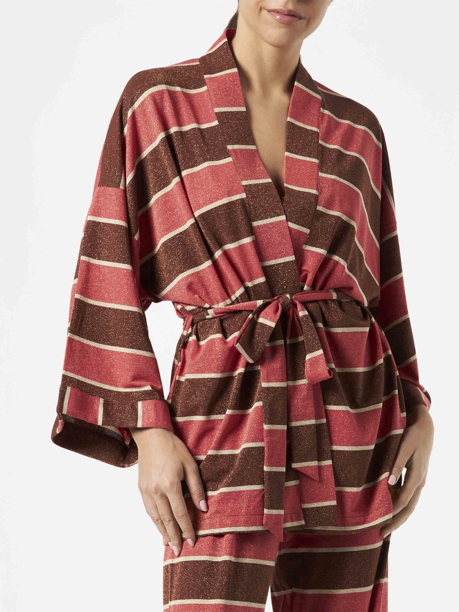 Mc2 Saint Barth Striped Knitted Kimono Cardigan In Brown