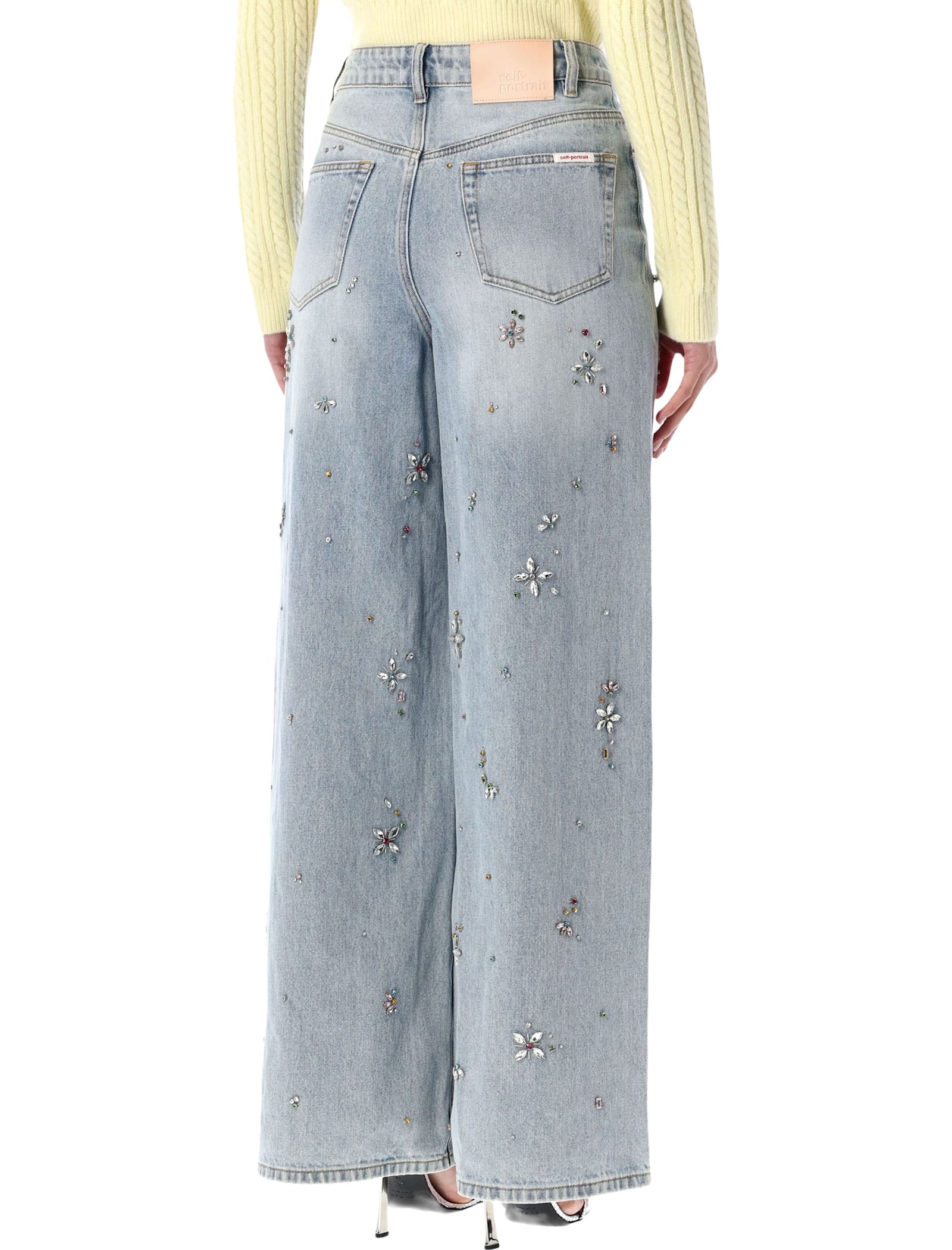 Self-portrait Embellished Wide-leg Jeans With Crystal Embellishment In Blue