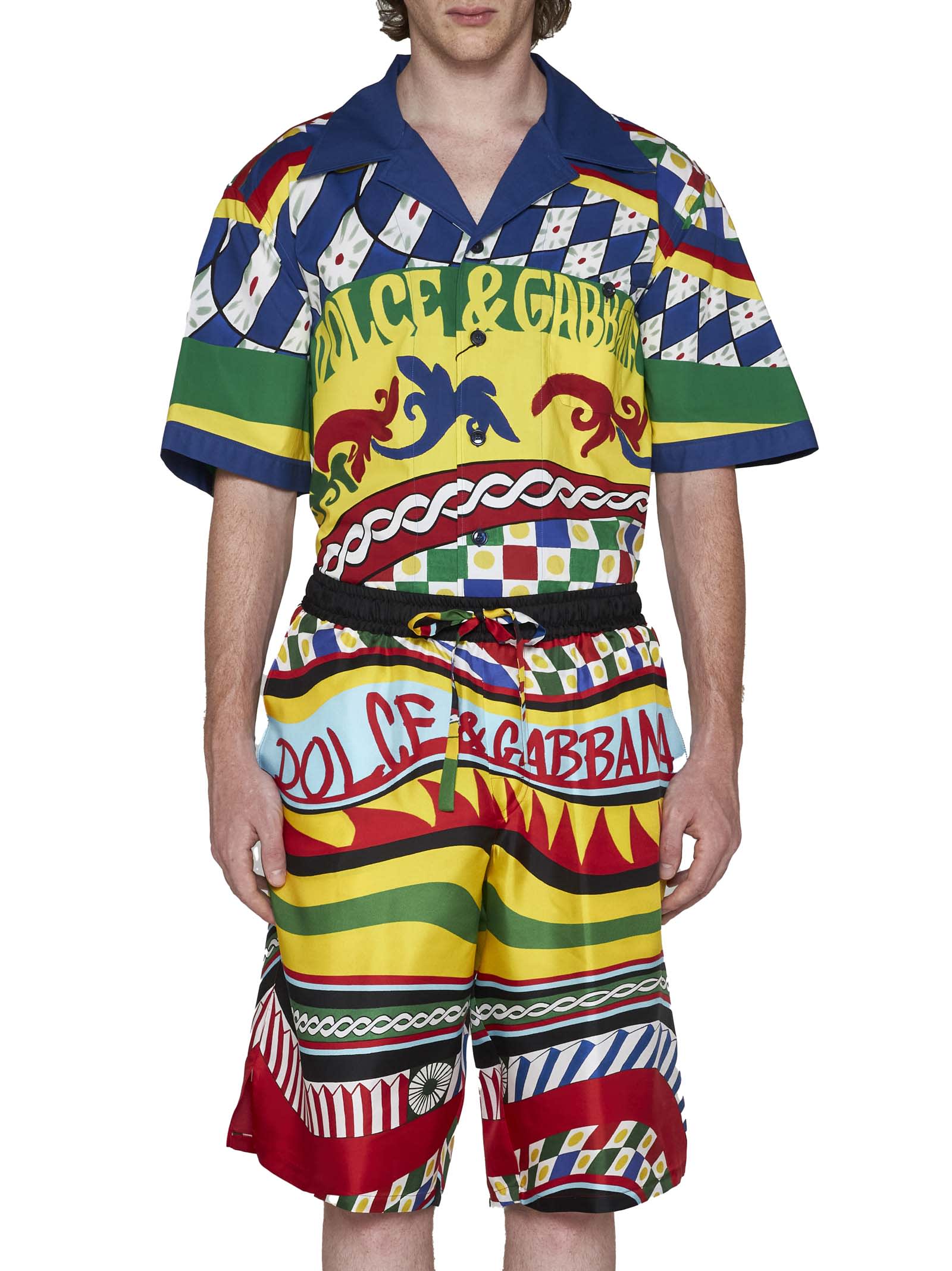 Dolce & Gabbana Multicolor Shorts With All-over Carretto Print In Carretto
