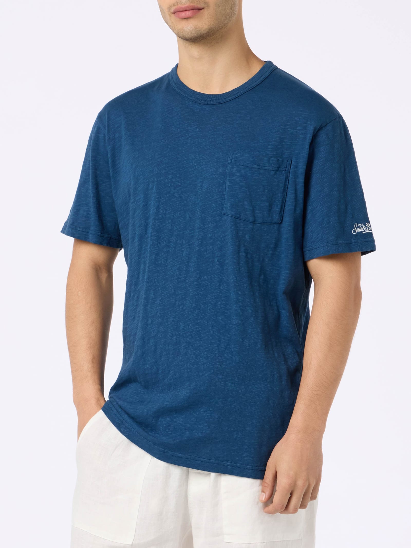 Shop Mc2 Saint Barth Man Blue Flamed Cotton T-shirt President With Embroidery
