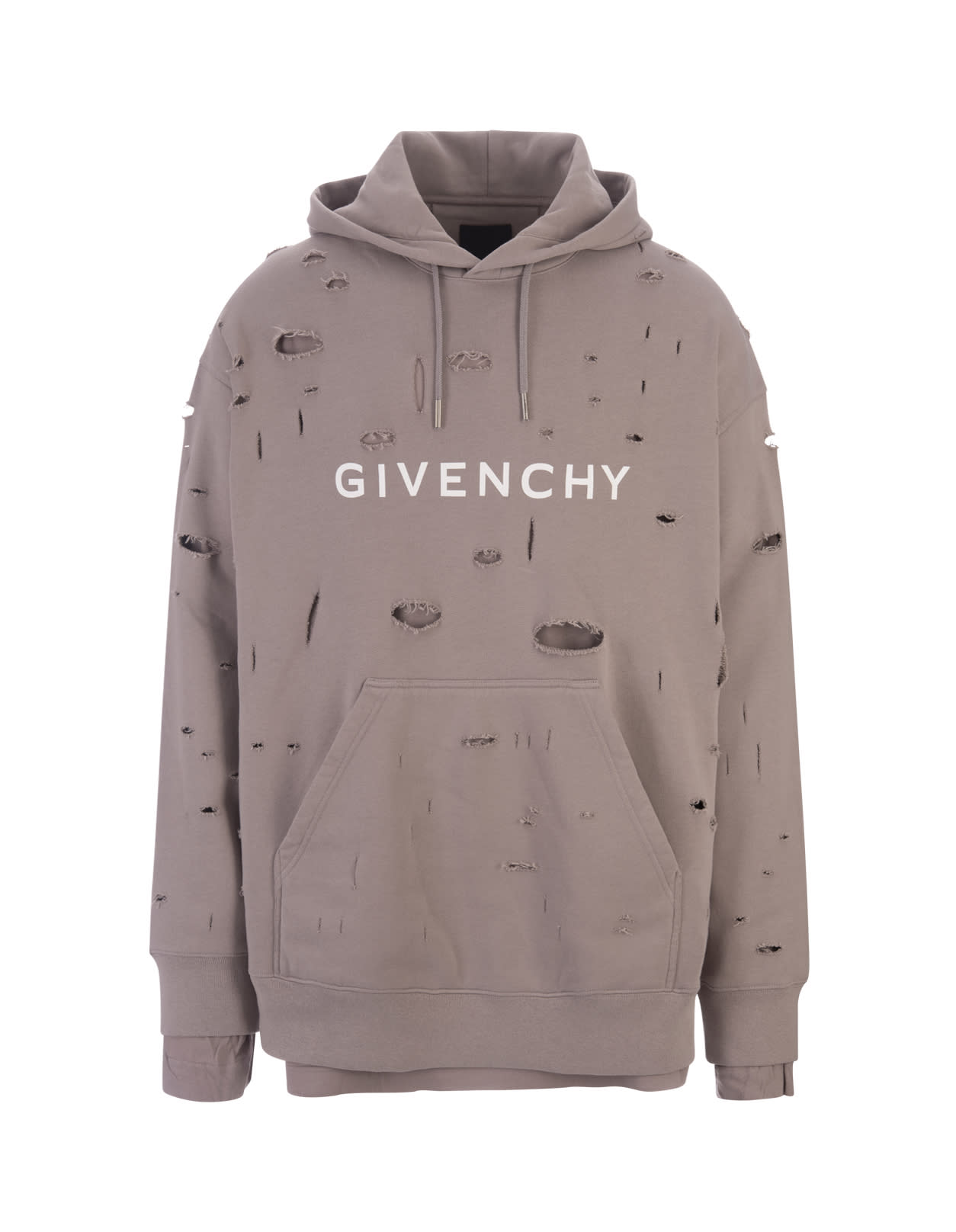 Shop Givenchy Taupe Destroyed Hoodie With Logo In Brown