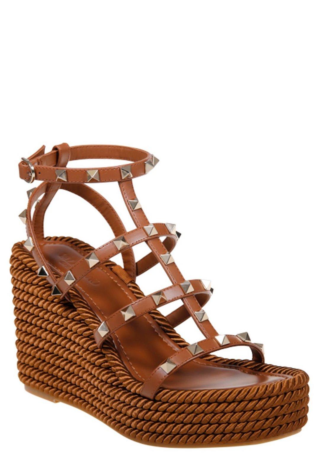 Valentino Rockstud Torchon 105 Leather Espadrille Wedge Sandals In Brown