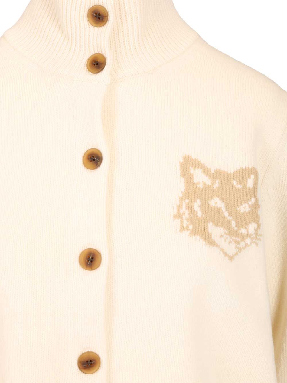 Maison Kitsuné Fox Head Intarsia Merino High Neck Cardigan Knitwear Beige In Neutral