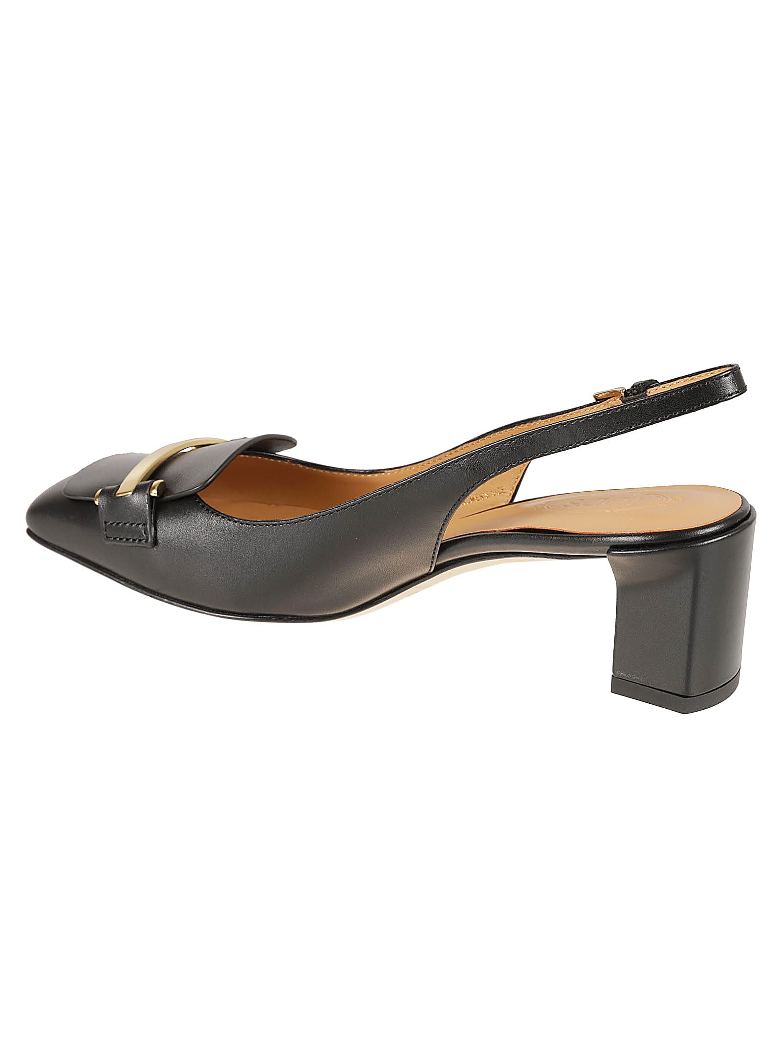 Tod's Square Toe Block Heel Gold-tone Hardware Slingback In Black