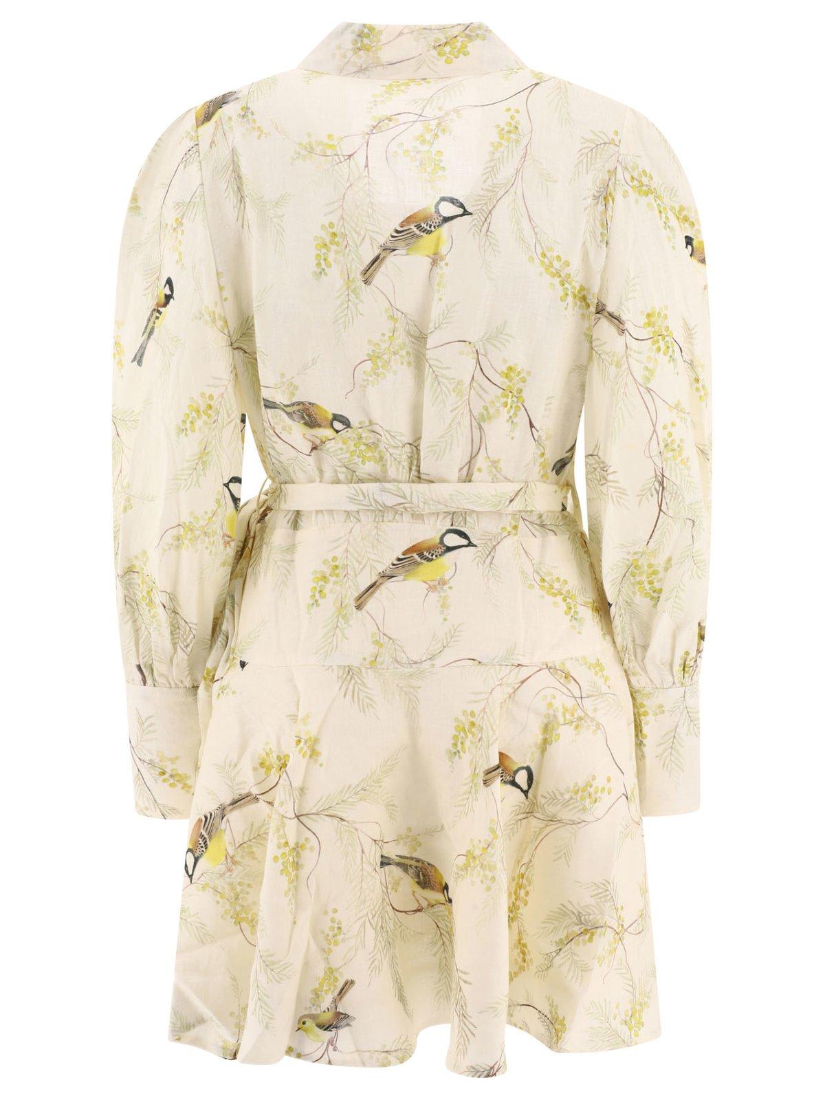 Shop Zimmermann Acacia Birds-printed Tied Waist Mini Dress In White