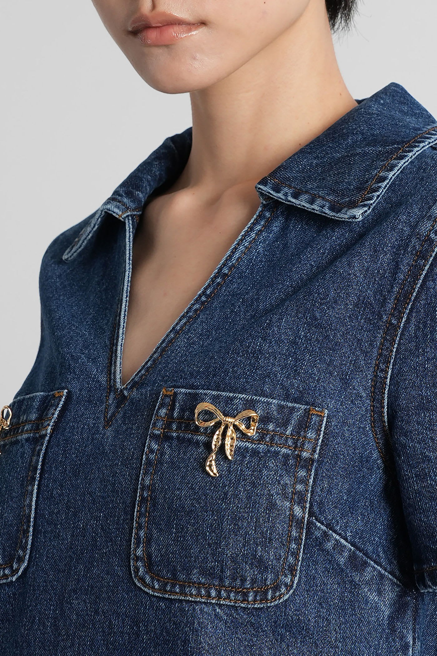Self-portrait Denim Crystal Bow Mini Dress In Blue