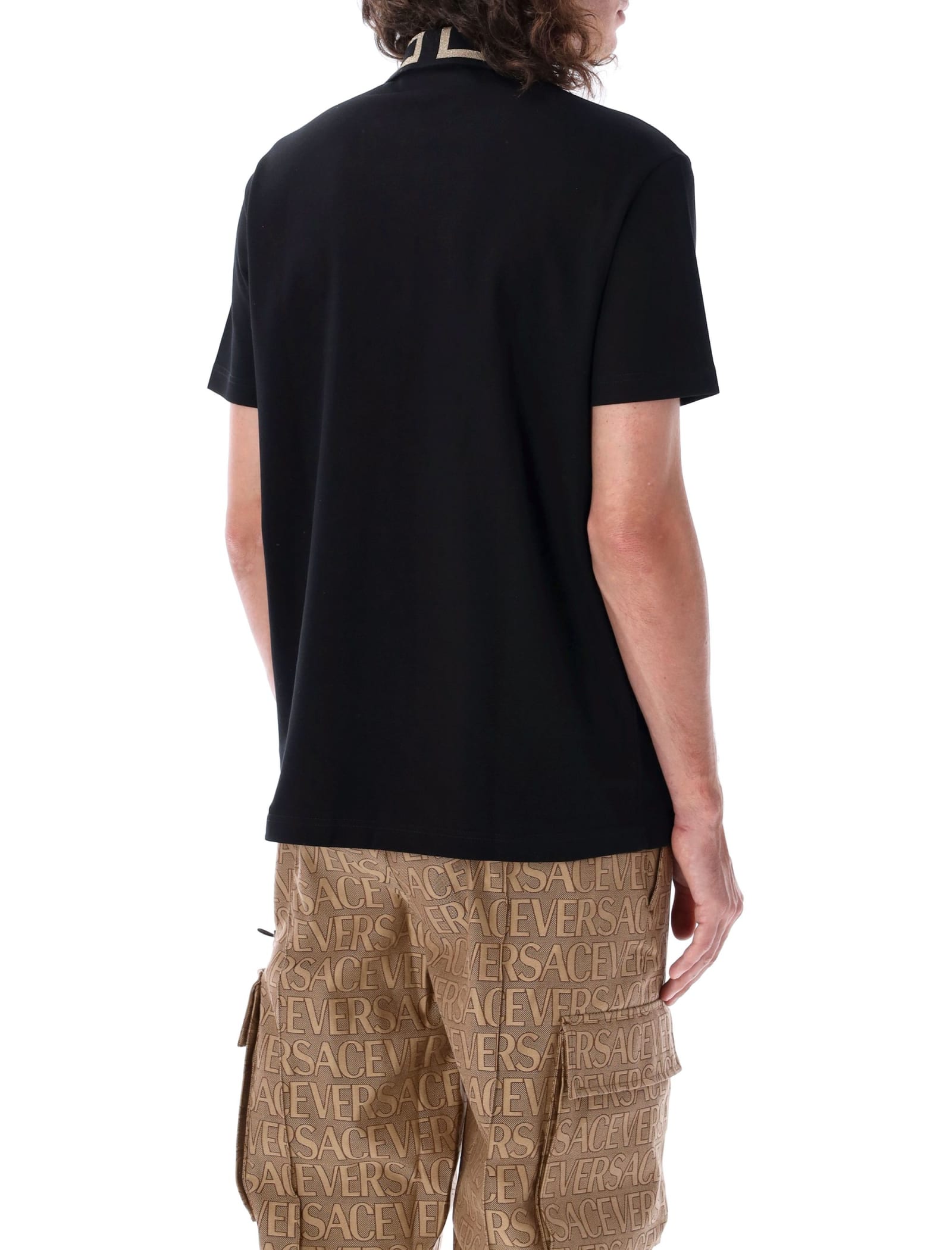 Shop Versace Greca Short-sleeved Polo Shirt In Black