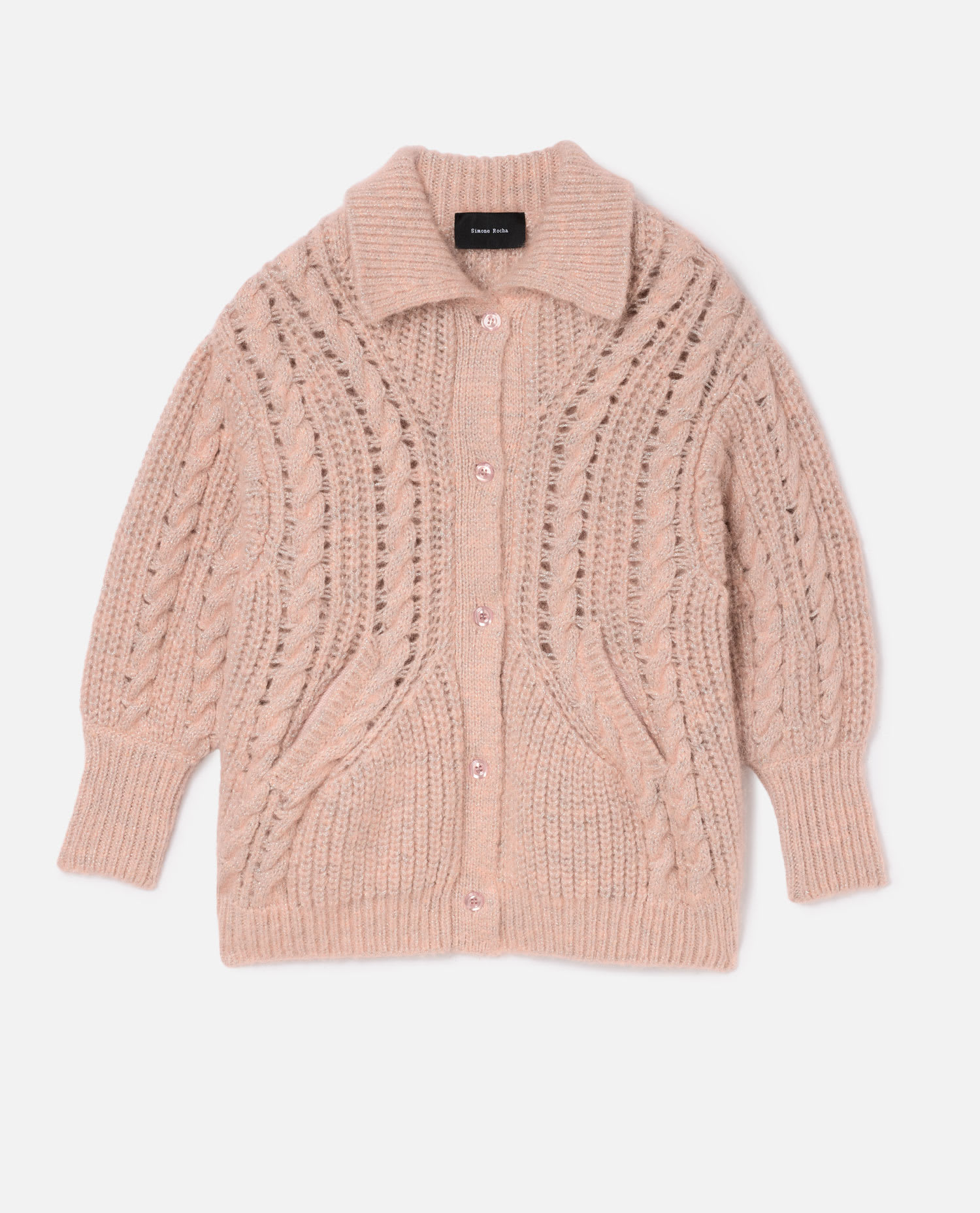 Sculpted Collared Chunky Knit Cardigan W/ Emb