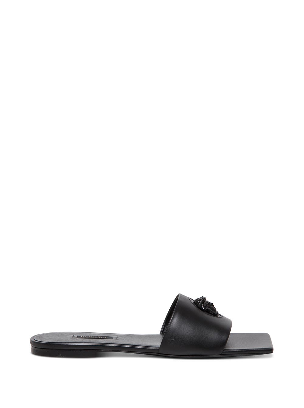 Buy Versace Black Leather Mules With Medusa Logo online, shop Versace shoes with free shipping