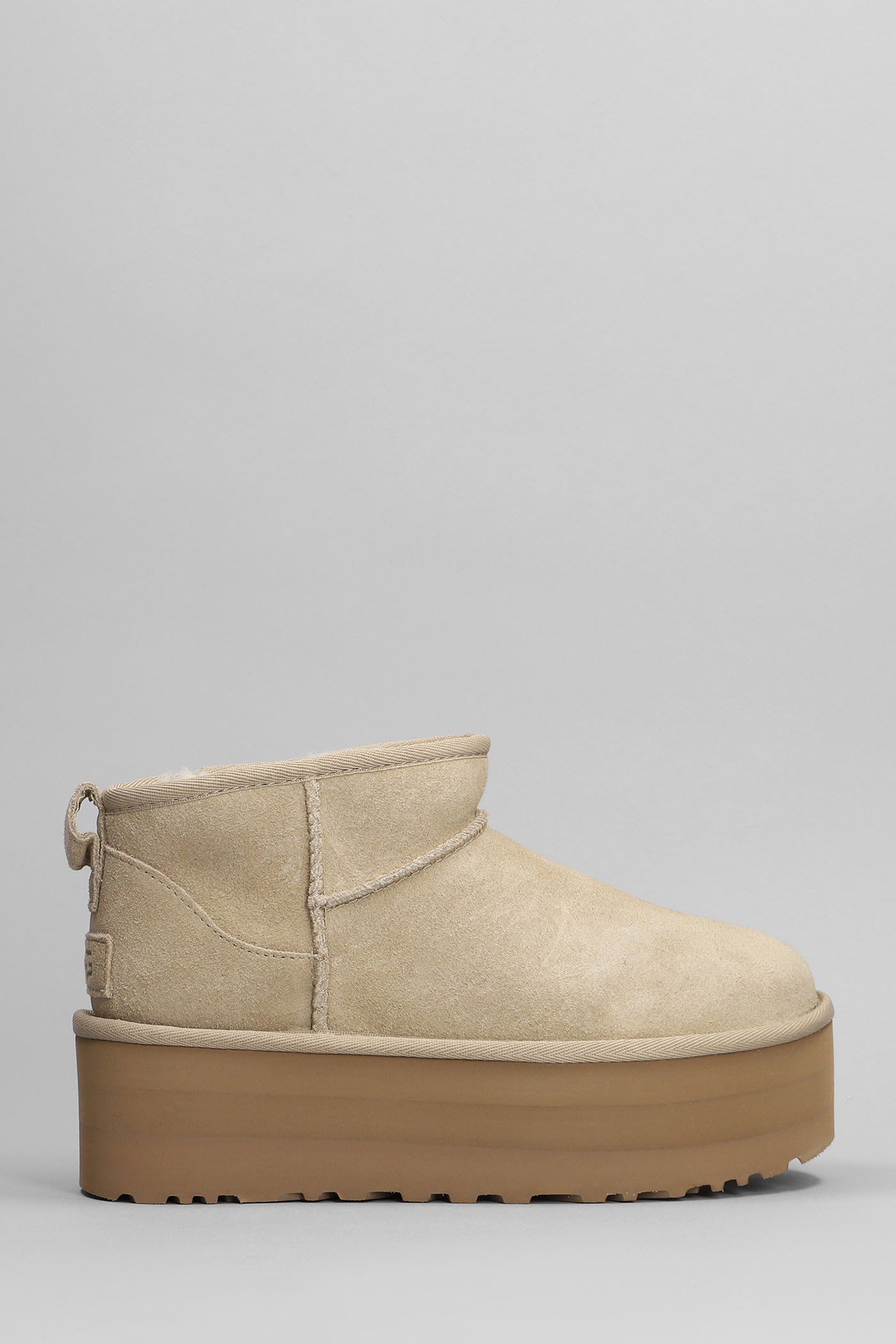 Classic Ultra Mini P Low Heels Ankle Boots In Beige Suede