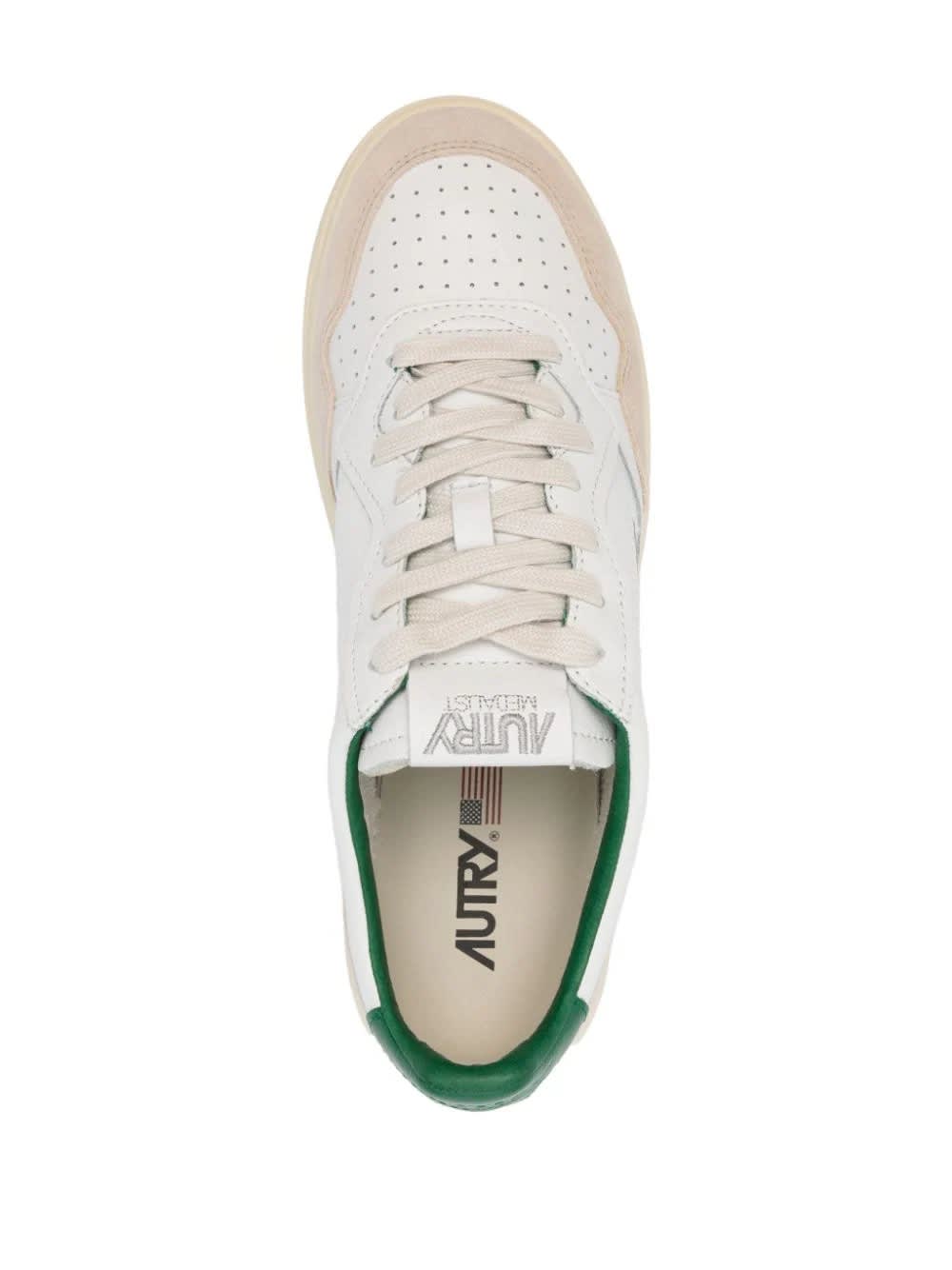 Shop Autry White And Green Medalist Low Sneakers In Suede And Leather