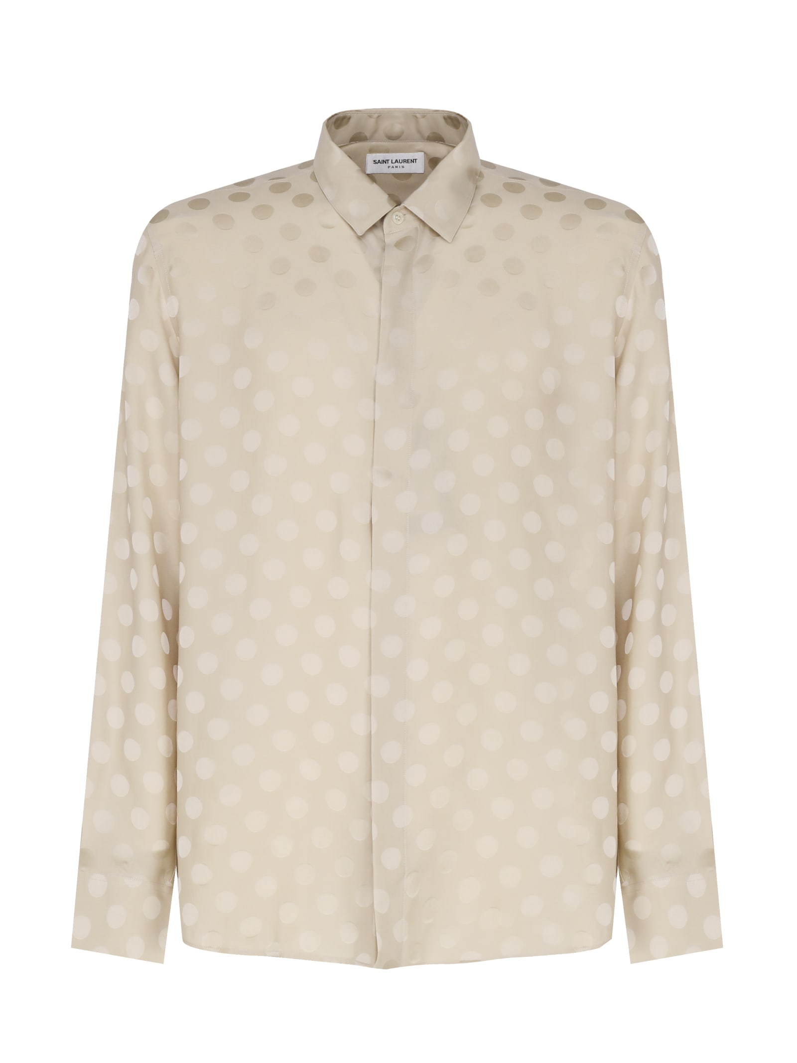 Shop Saint Laurent Classic Shirt With Yves Collar In Striped Matt And Shiny Silk In Creme