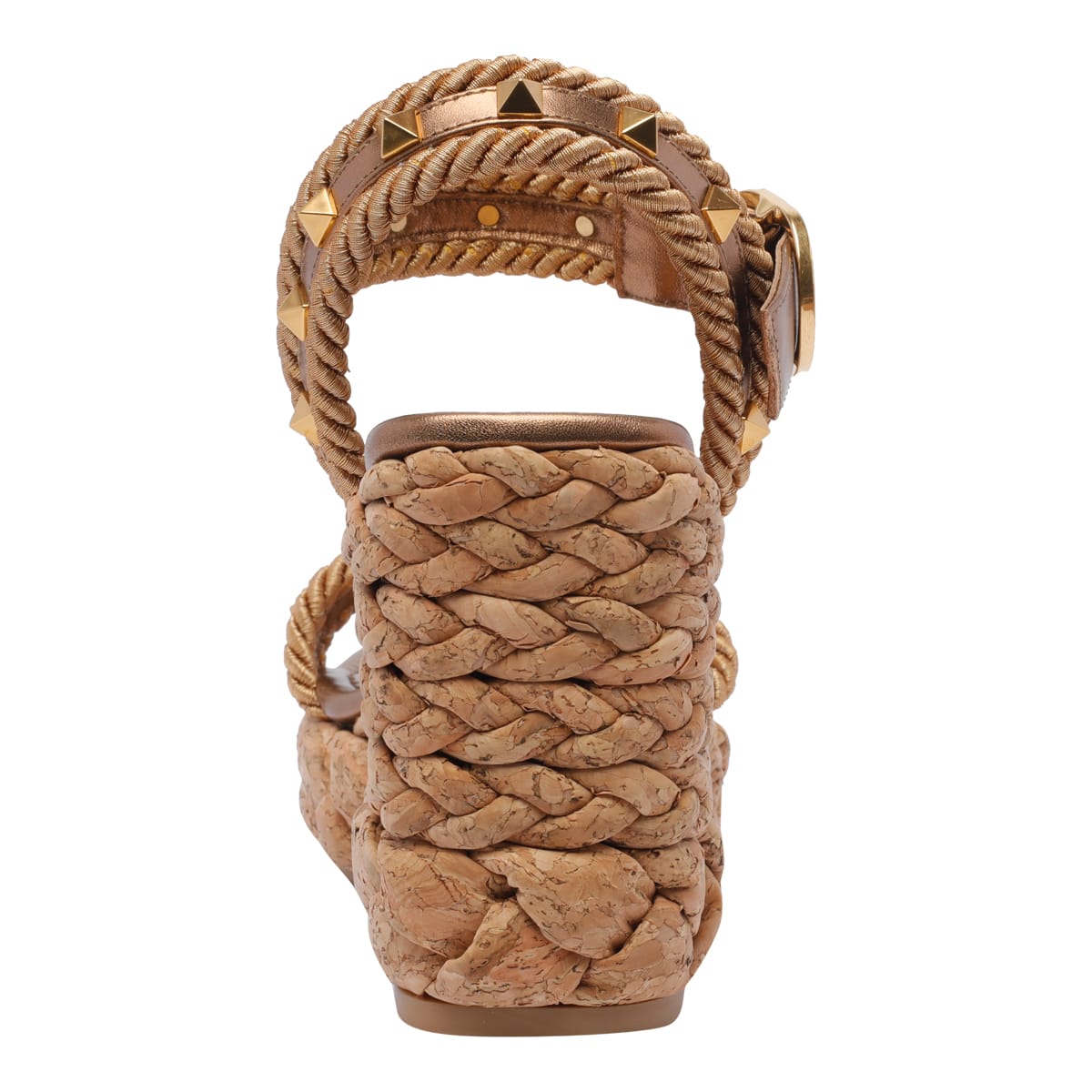 Valentino Studded Leather Cork Wedge Sandals In Brown