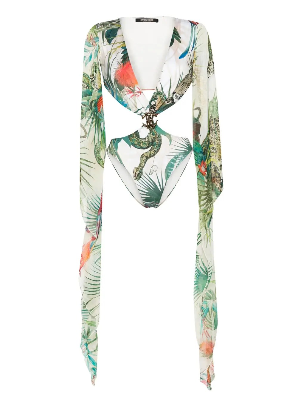 Shop Roberto Cavalli One-piece Swimwear With Sleeves And Jungle Print In Multicolour