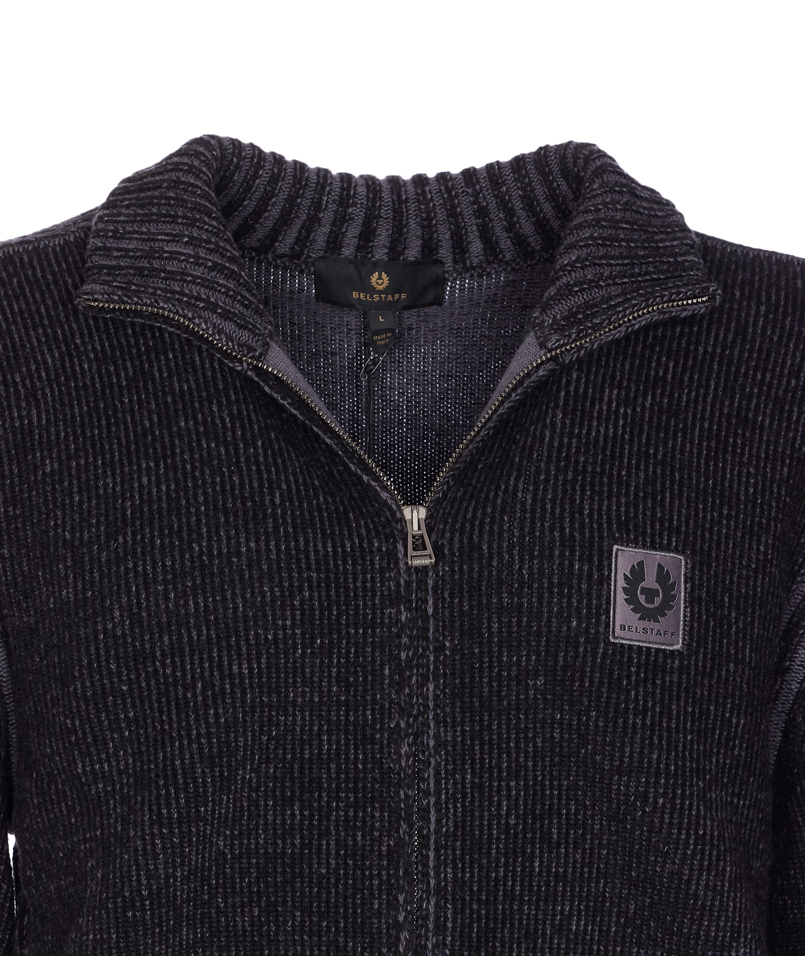 Belstaff High Collar Long Sleeve Zip Knit Sweater In Black