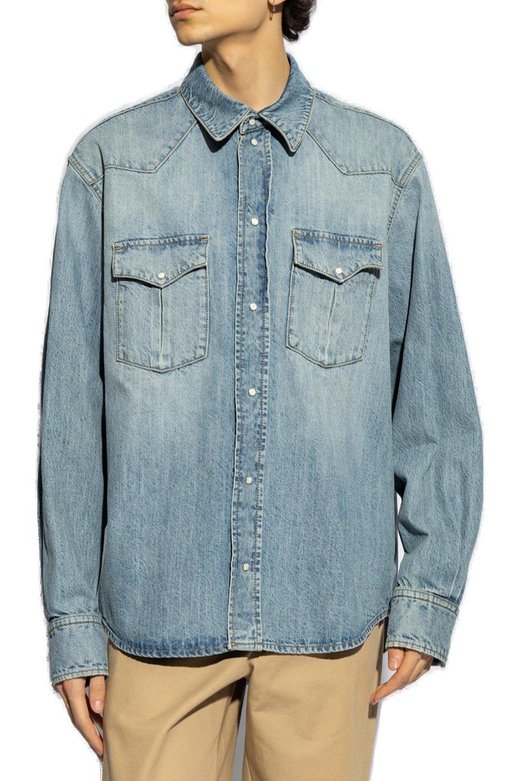 Shop Bally Long-sleeved Denim Shirt In Clear Blue
