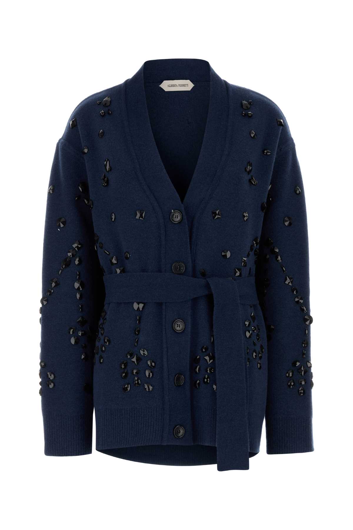 Alberta Ferretti V-neck Cashmere And Silk Blend Cardigan With Crystal Embroidery In Blue