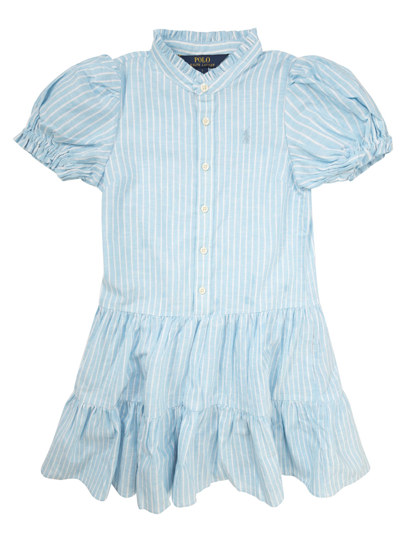Polo Ralph Lauren Linen And Cotton Striped Dress With Flounces In Blue